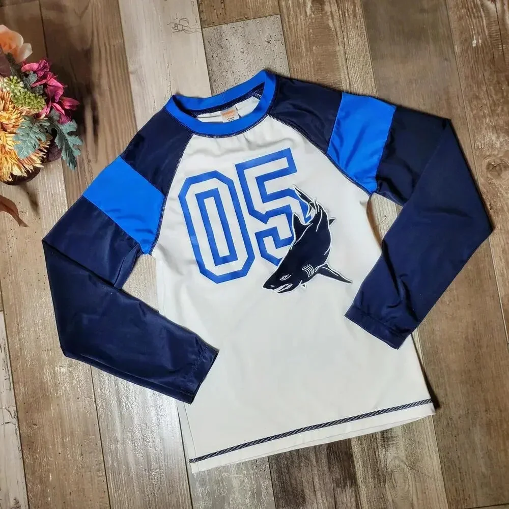 Gymboree Boys Size Large 10-12 White & Blue Shark Long Sleeve Rashguard UPF 50+